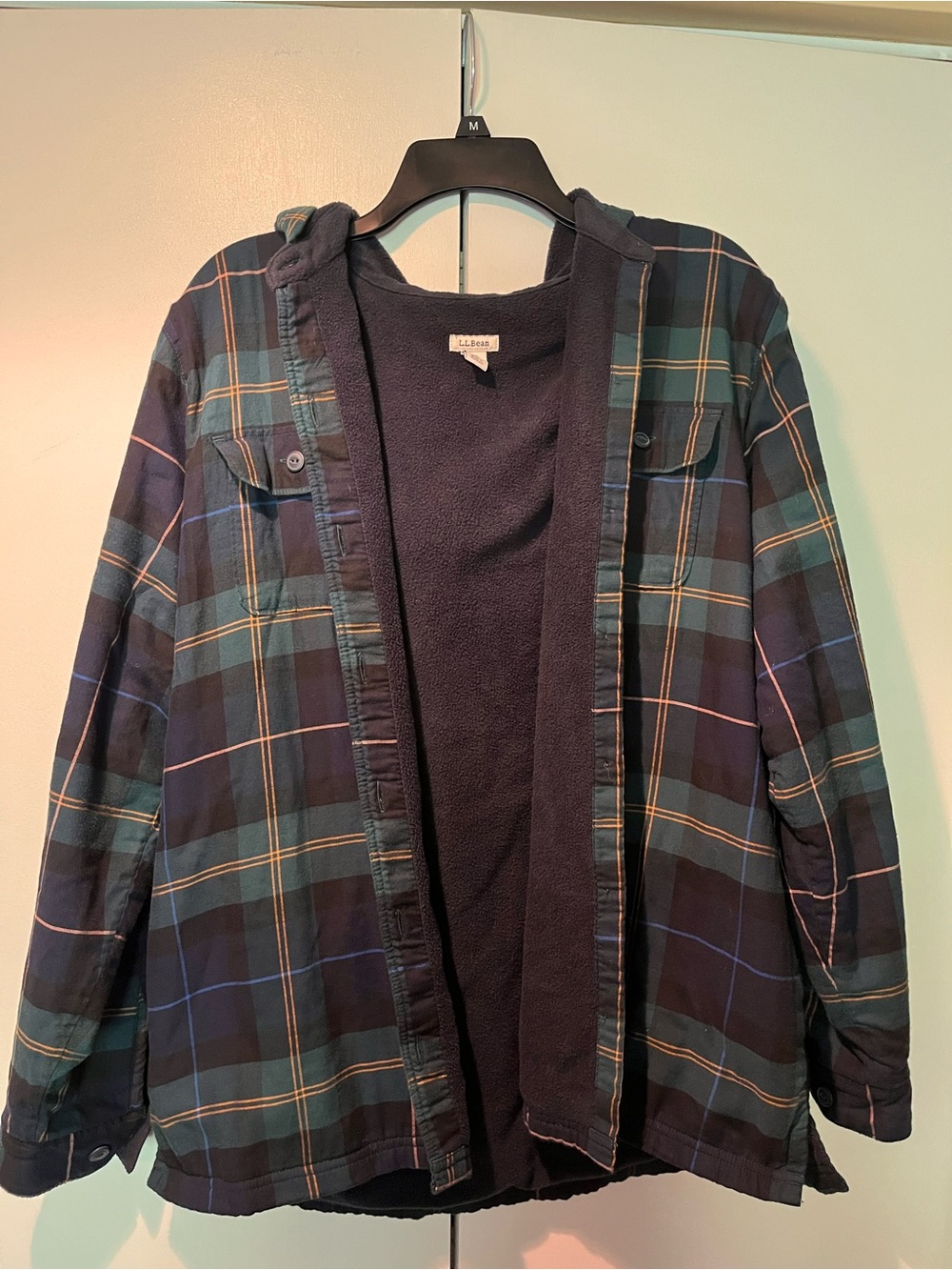 LLBean Women’s Plaid Hooded Flannel Shacket in Teal and Navy